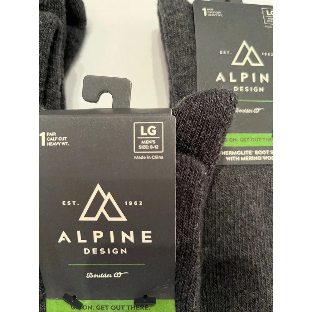 Alpine Design 3 Pair‎ Thermolite Boot Socks with Merino Wool Gray Size Large